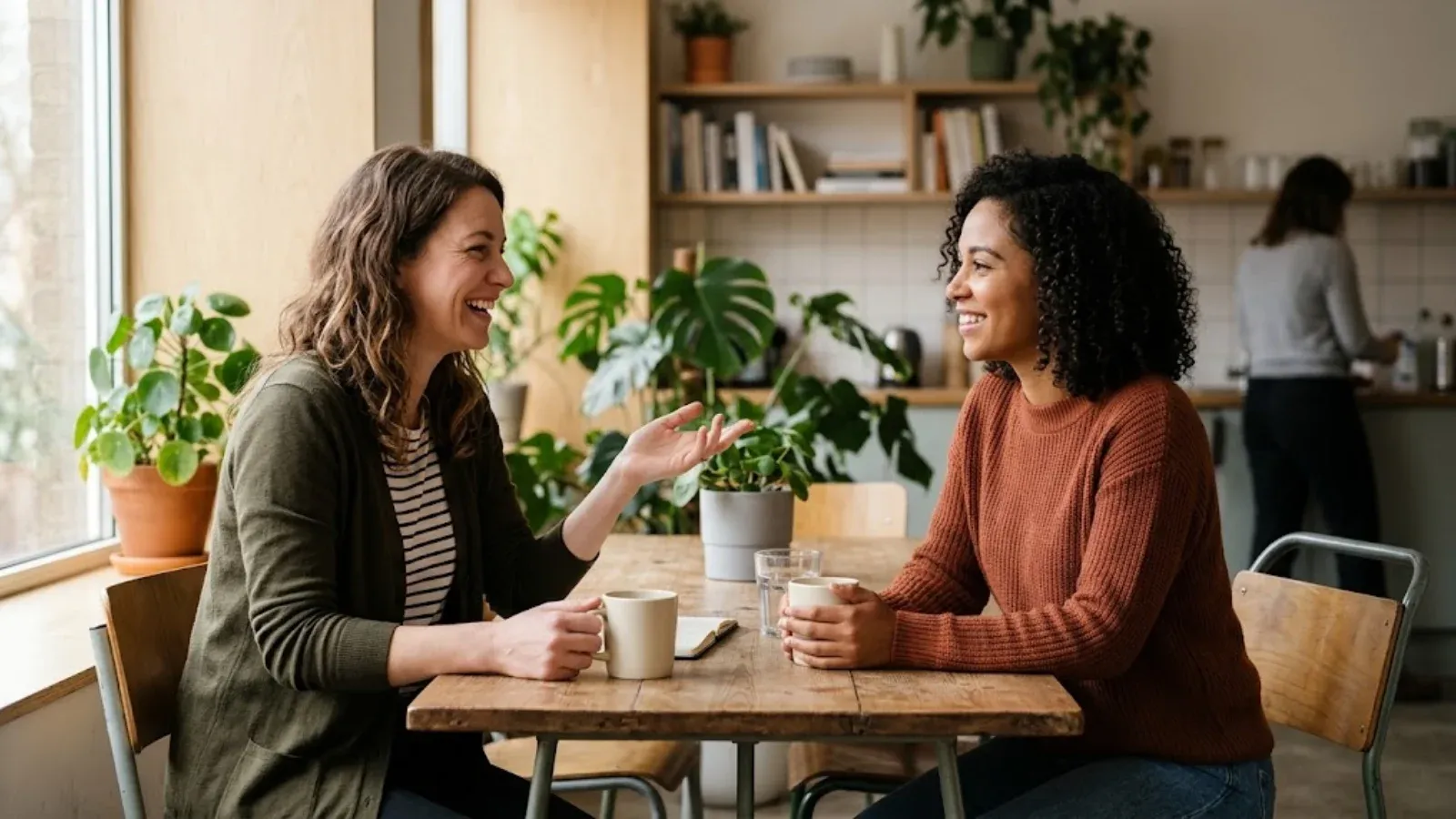 Two coworkers having a supportive conversation over coffee