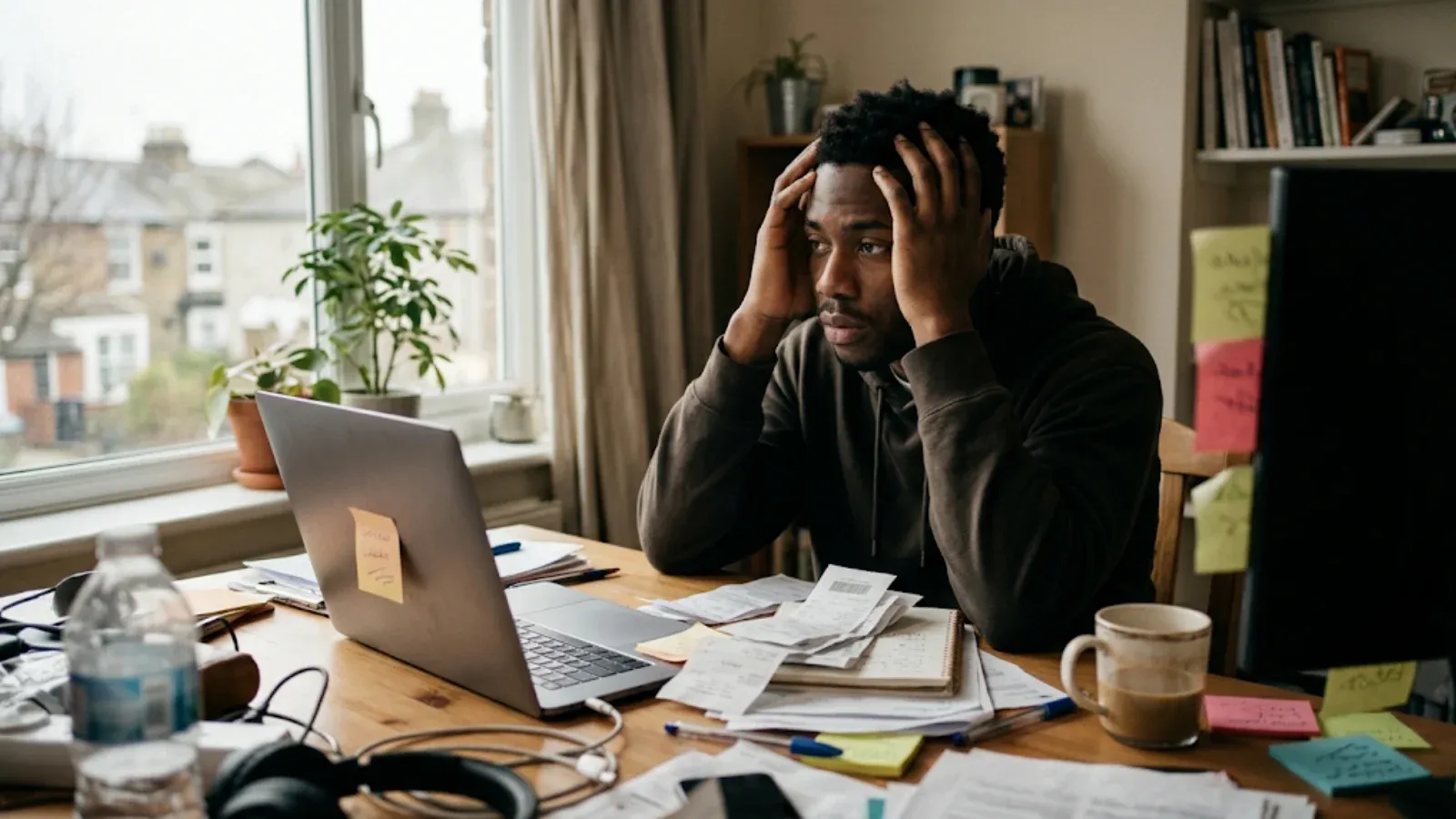 Young man at a cluttered home desk holding his head in his hands beside an open laptop and unfinished paperwork, feeling stuck