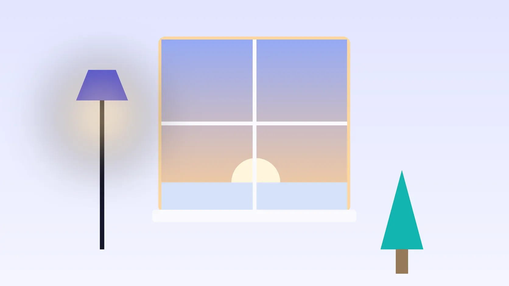 Illustration of a window with a low winter sun beside a floor lamp and a small evergreen plant.