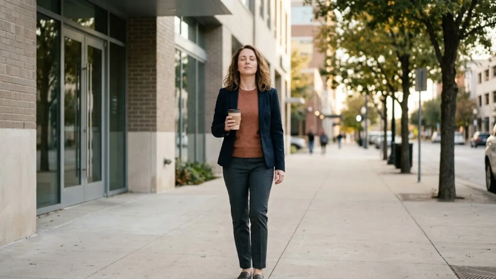 A woman stepping outside her office building to take a slow breath during a break