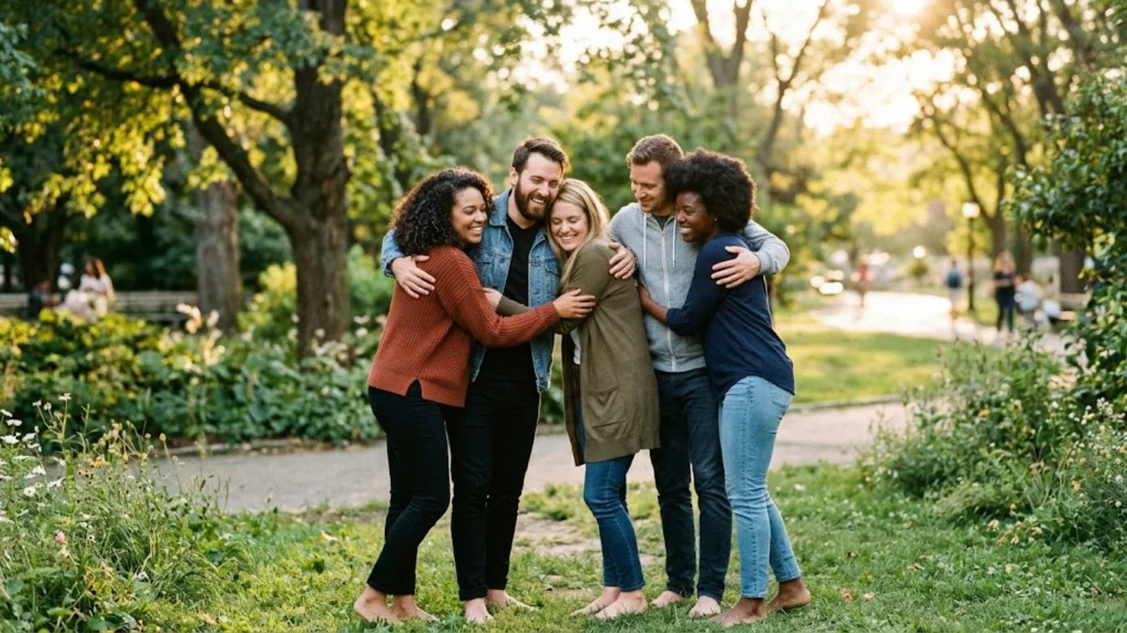 A group of friends sharing a supportive moment outdoors