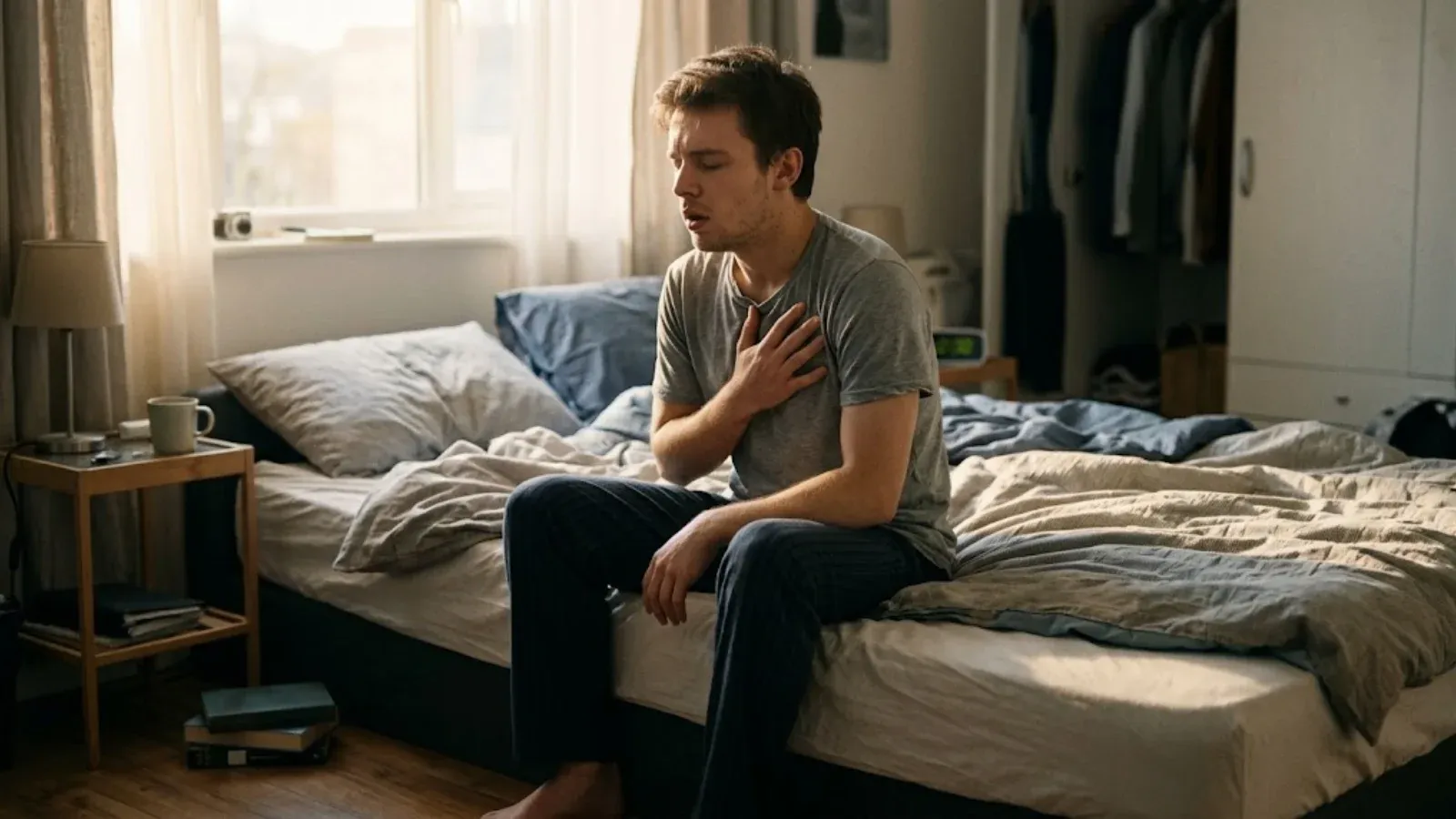 A young man on the edge of a bed breathing slowly after an anxiety attack