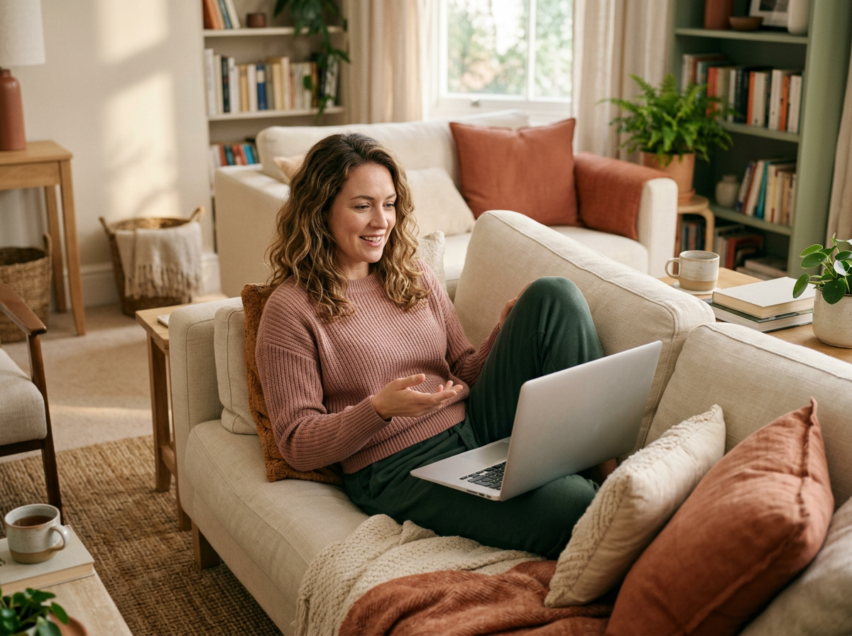 Woman relaxed at home during a telehealth session with her Lyte provider